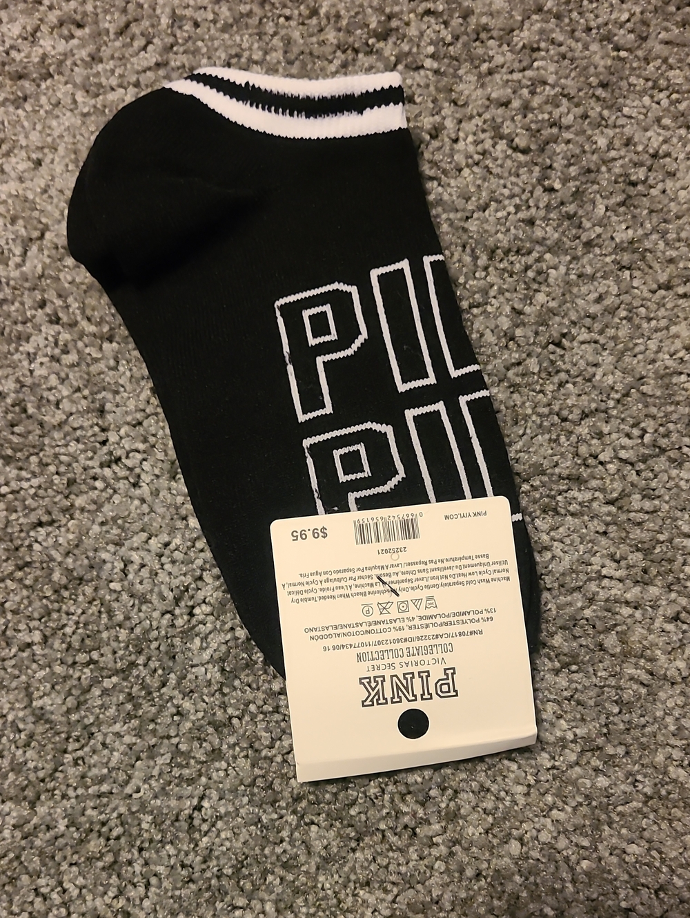 PINK Victoria's Secret Black Ankle Socks with White Logo Stripes